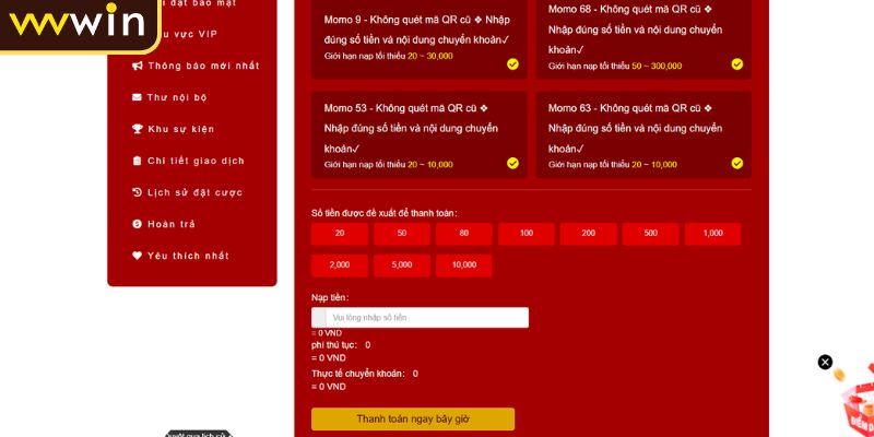 Nạp Tiền VVVWIN 2 Gửi tiền qua ví điện tử