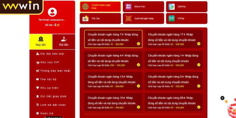 Nạp Tiền VVVWIN 1 Nạp tiền VVVWIN qua ngân hàng